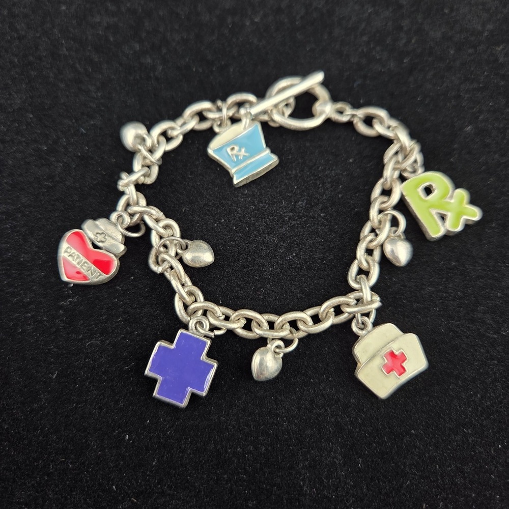Nursing Nurse Medical Silver Tone Enameled Charm Bracelet 7.5"